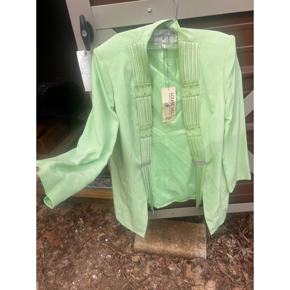 Louise‎ Ricci Womens Blazer Jacket Olive Embellished Collar Open Front Size 16